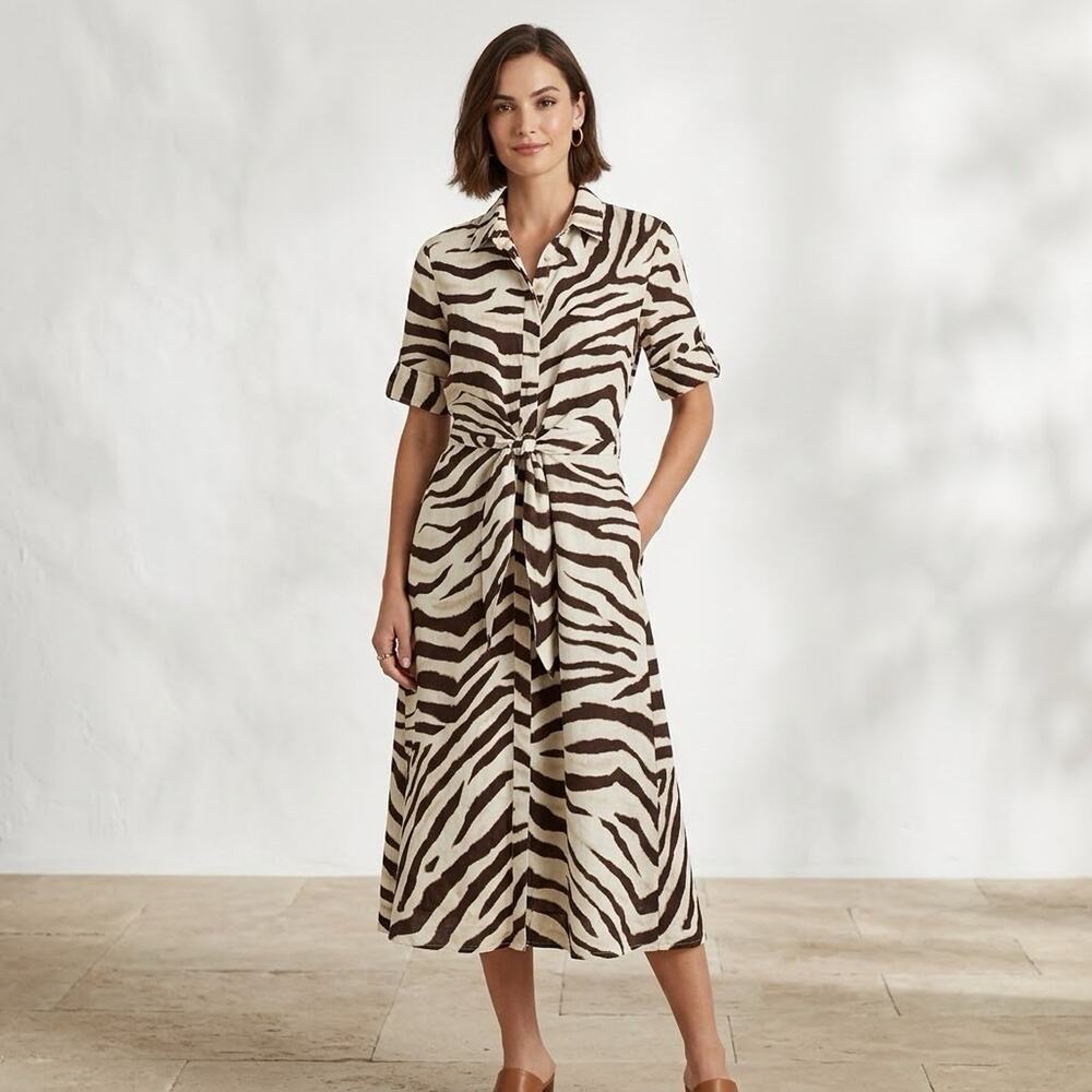 Lauren Ralph Lauren Linen Zebra Midi Shirtdress Tag 2 Fits M Pockets Tie Front